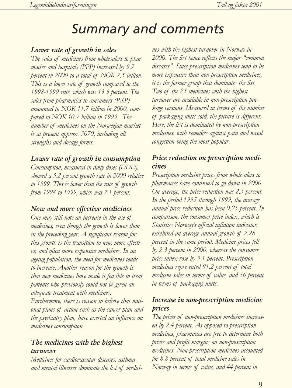 7 billion in 2000, compared to NOK 10.7 billion in 1999. The number of medicines on the Norwegian market is at present approx. 3070, including all strengths and dosage forms.