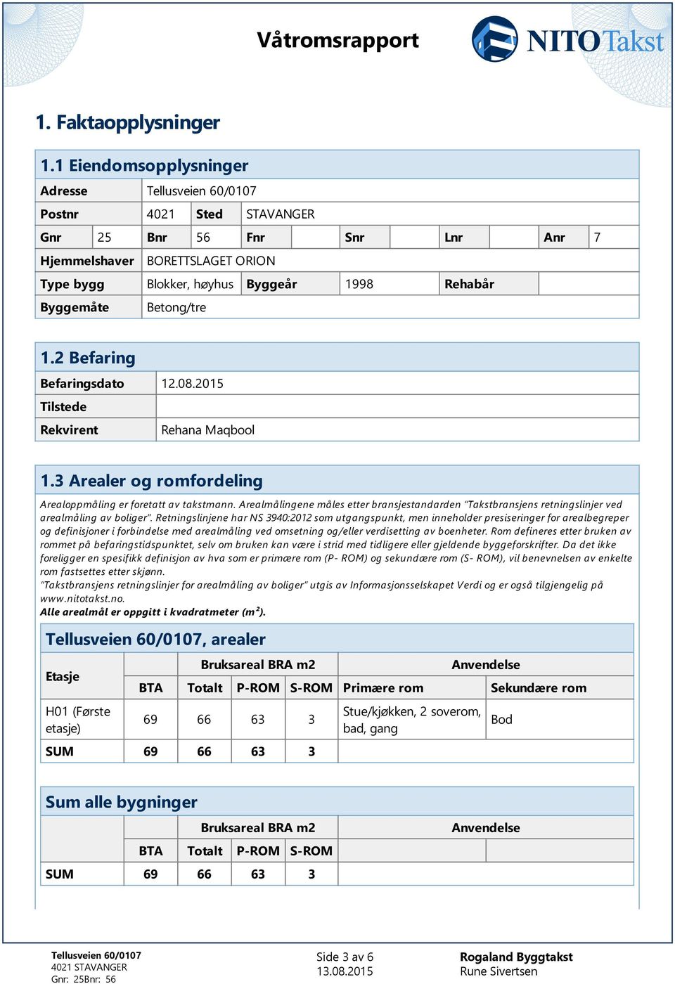 2 Befaring Befaringsdato 12.08.2015 Tilstede Rekvirent Rehana Maqbool 1.3 Arealer og romfordeling Arealoppmåling er foretatt av takstmann.