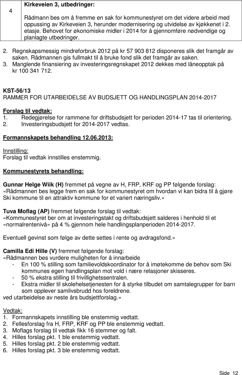 Rådmannen gis fullmakt til å bruke fond slik det framgår av saken. 3. Manglende finansiering av investeringsregnskapet 2012 dekkes med låneopptak på kr 100 341 712.