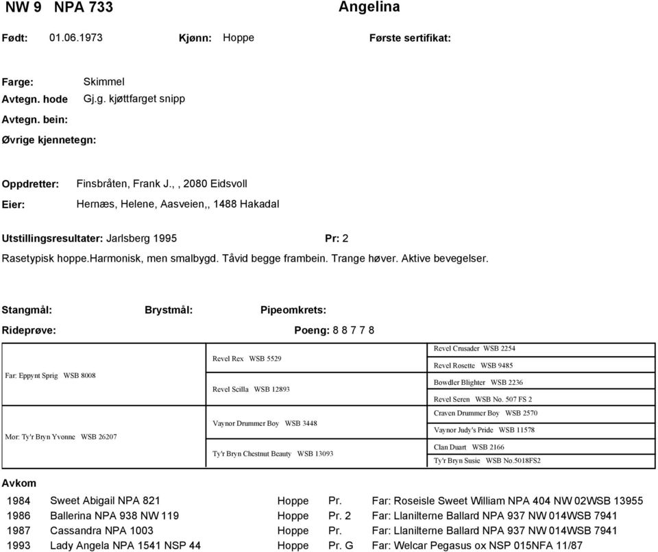 Stangmål: 8 8 7 7 8 Far: Eppynt Sprig WSB 8008 Mor: Ty'r Bryn Yvonne WSB 26207 Revel Rex WSB 5529 Revel Scilla WSB 12893 Vaynor Drummer Boy WSB 3448 Ty'r Bryn Chestnut Beauty WSB 13093 Revel Crusader