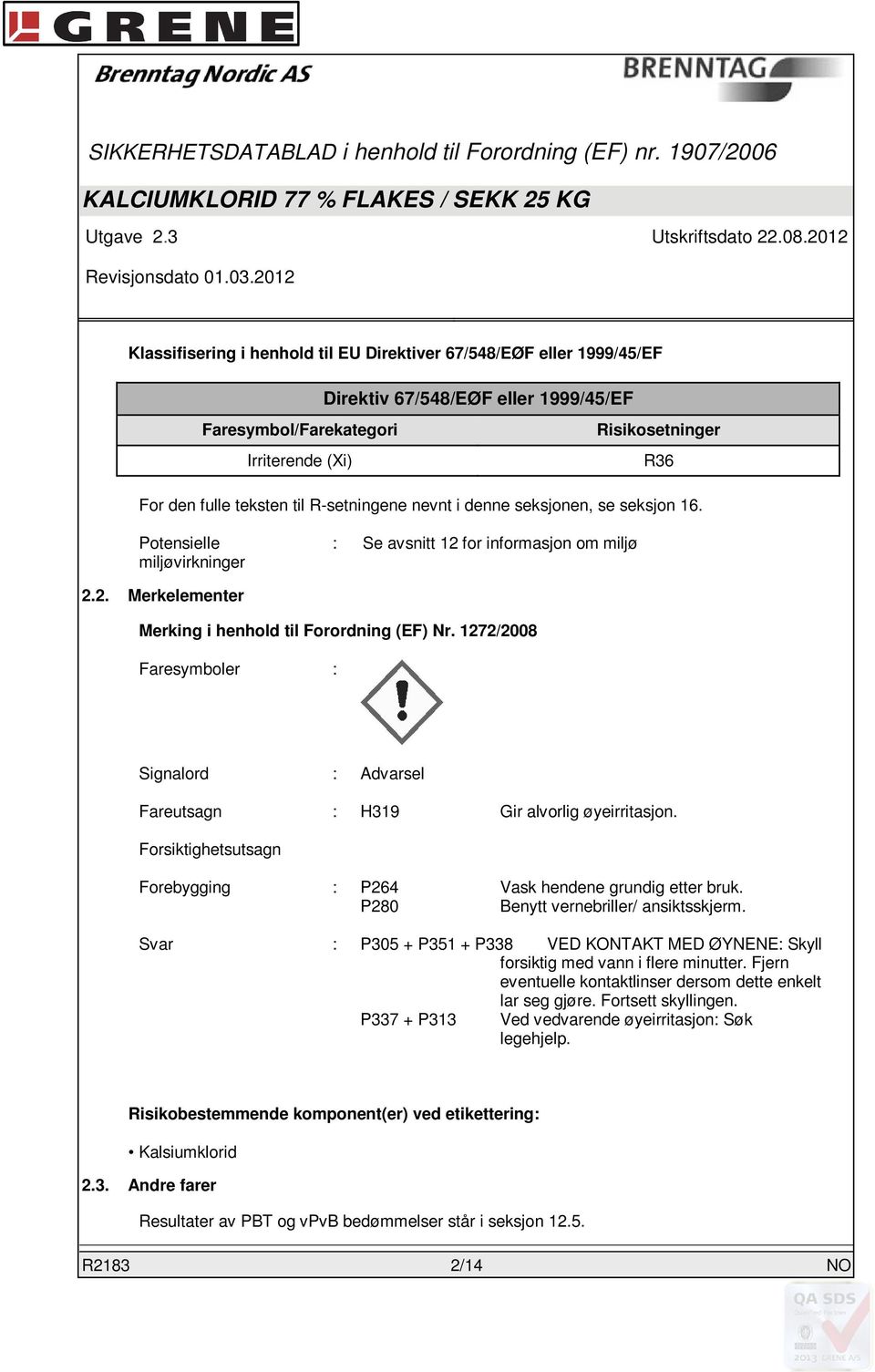 1272/2008 Faresymboler : Signalord : Advarsel Fareutsagn : H319 Gir alvorlig øyeirritasjon. Forsiktighetsutsagn Forebygging : P264 Vask hendene grundig etter bruk.