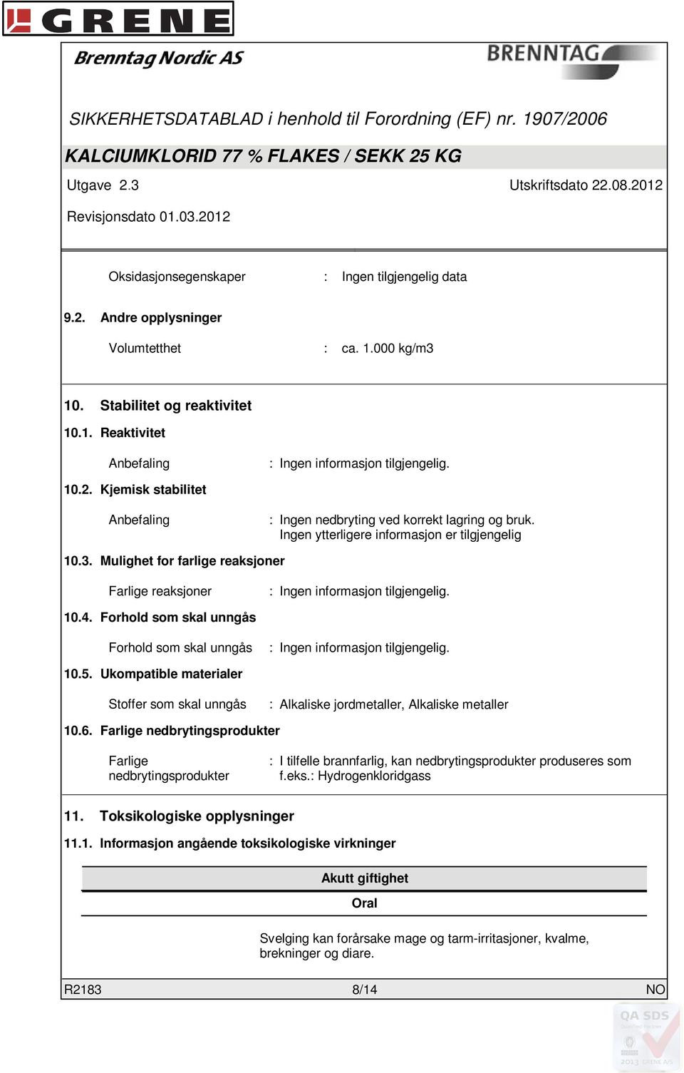 Forhold som skal unngås Forhold som skal unngås : Ingen informasjon tilgjengelig. 10.5. Ukompatible materialer Stoffer som skal unngås : Alkaliske jordmetaller, Alkaliske metaller 10.6.