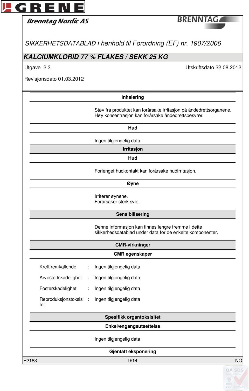 Sensibilisering Denne informasjon kan finnes lengre fremme i dette sikkerhedsdatablad under data for de enkelte komponenter.