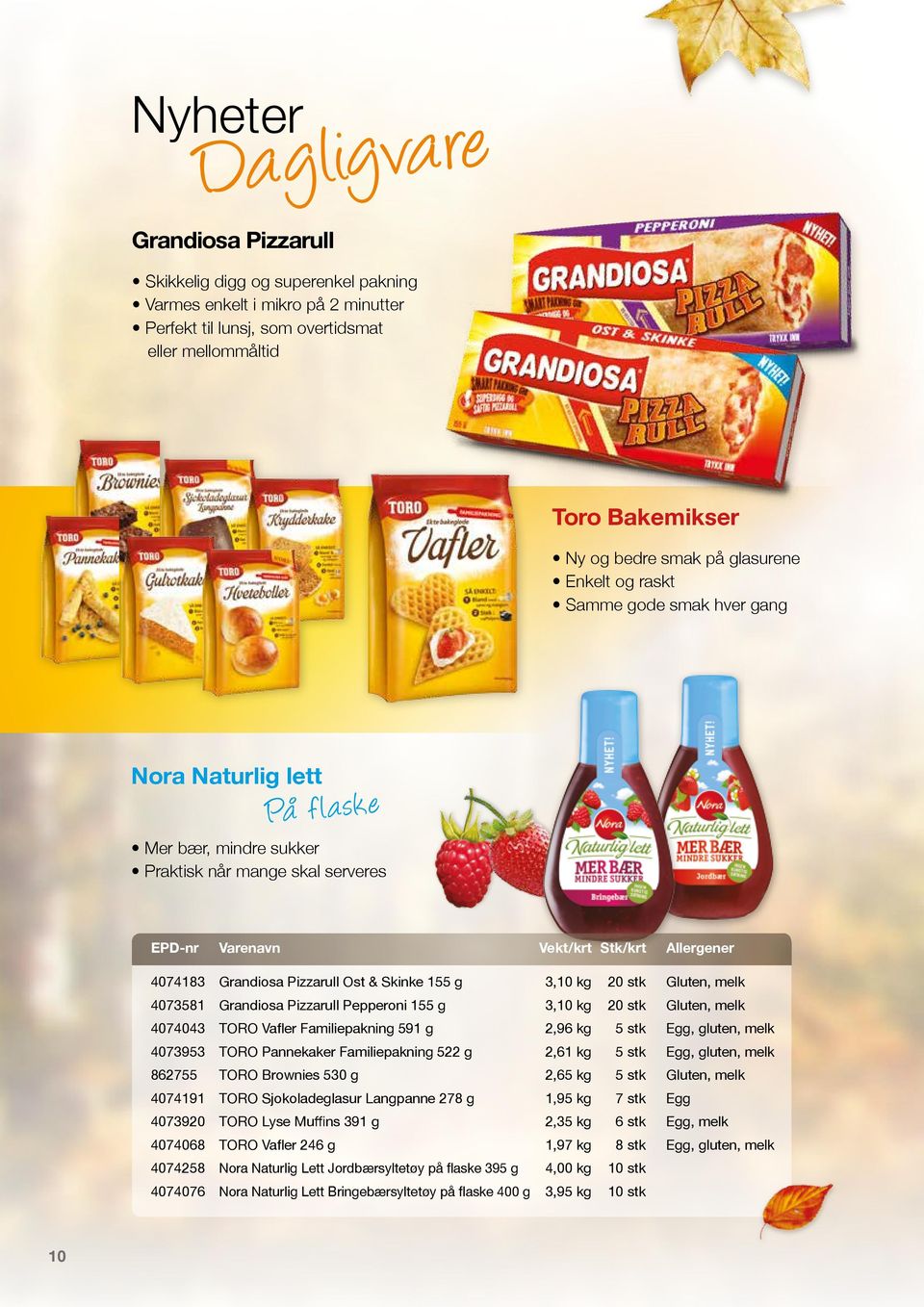 Grandiosa Pizzarull Ost & Skinke 155 g 3,10 kg 20 stk Gluten, melk 4073581 Grandiosa Pizzarull Pepperoni 155 g 3,10 kg 20 stk Gluten, melk 4074043 TORO Vafler Familiepakning 591 g 2,96 kg 5 stk Egg,