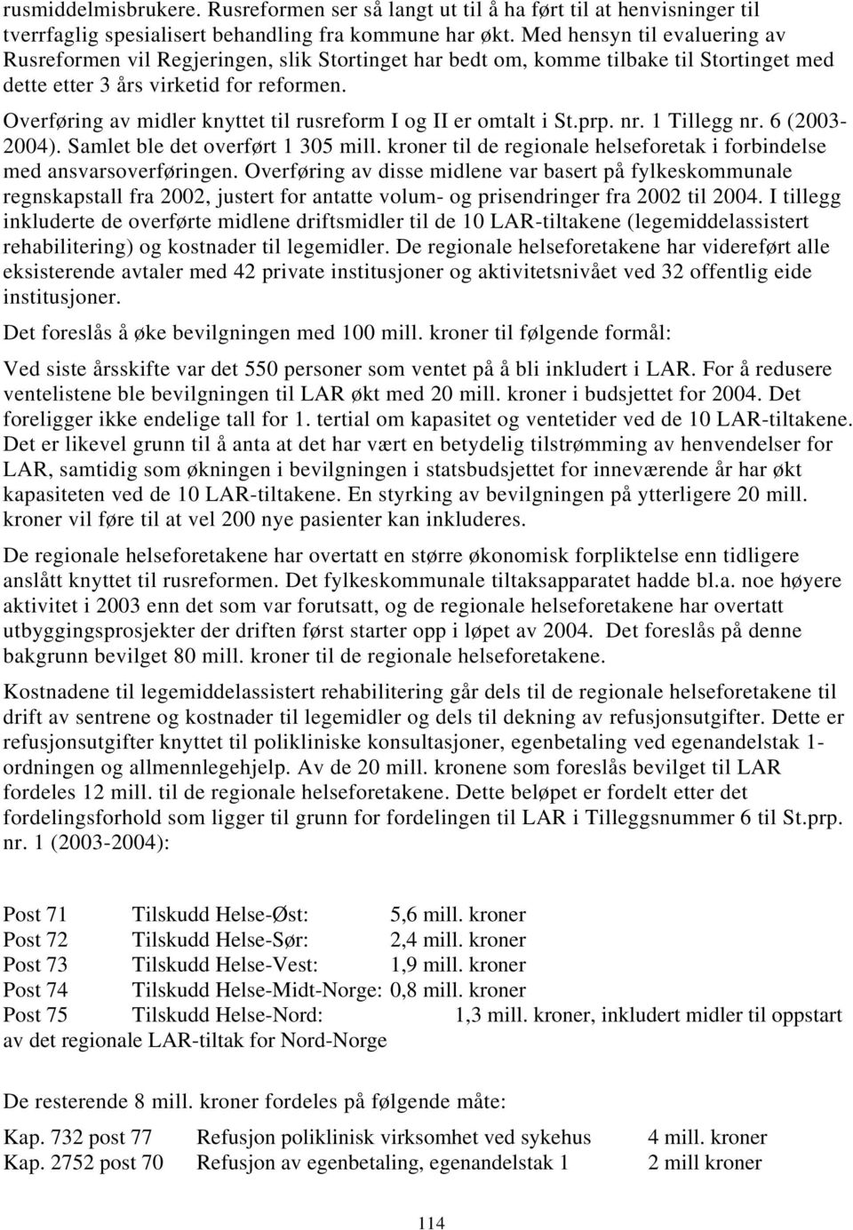 Overføring av midler knyttet til rusreform I og II er omtalt i St.prp. nr. 1 Tillegg nr. 6 (2003-2004). Samlet ble det overført 1 305 mill.