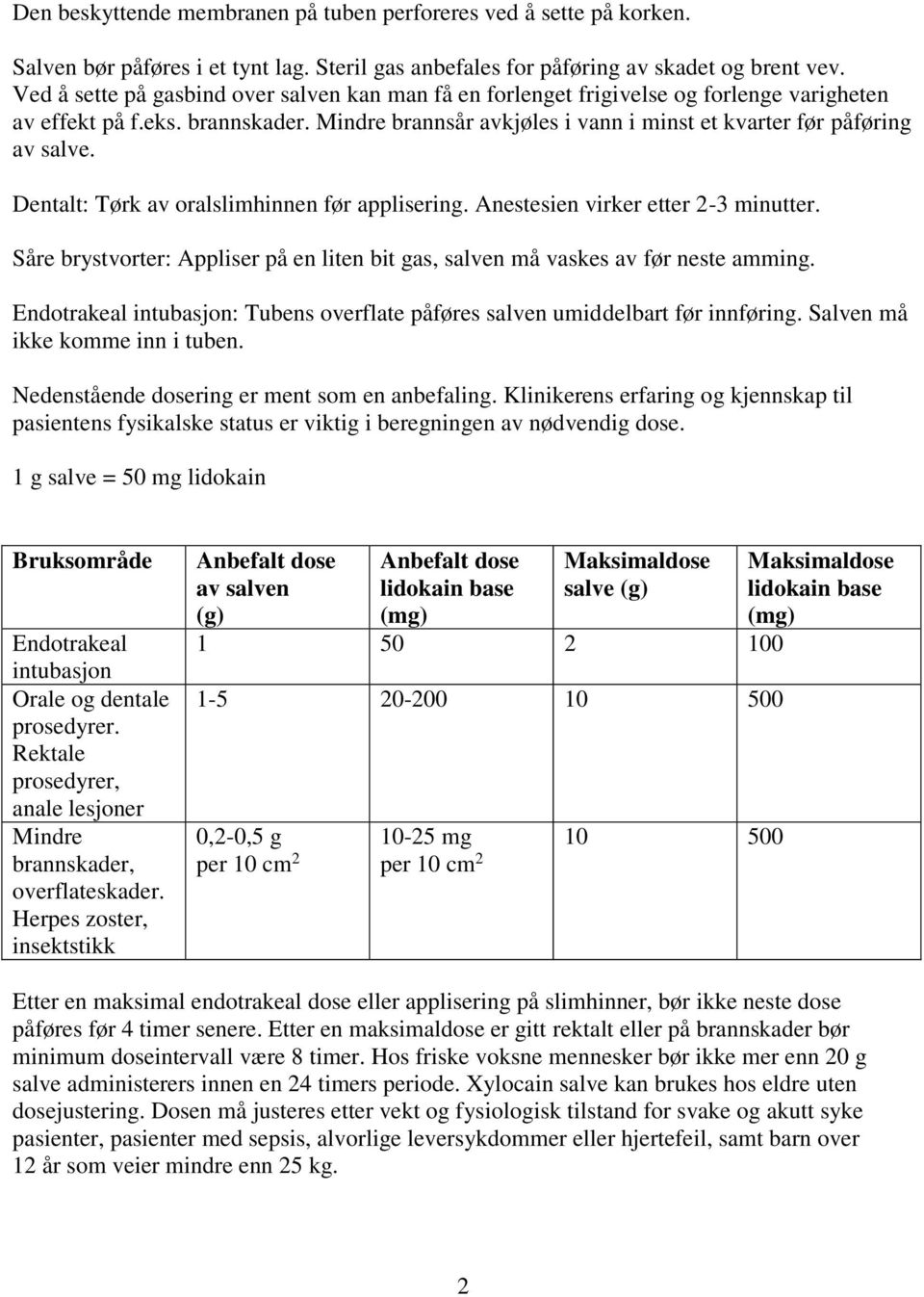 Dentalt: Tørk av oralslimhinnen før applisering. Anestesien virker etter 2-3 minutter. Såre brystvorter: Appliser på en liten bit gas, salven må vaskes av før neste amming.