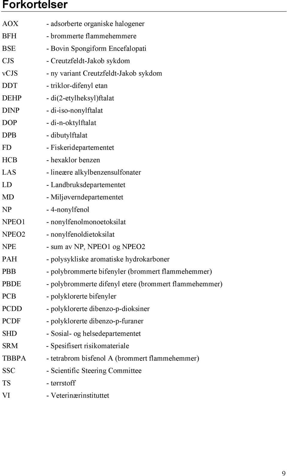 - dibutylftalat - Fiskeridepartementet - hexaklor benzen - lineære alkylbenzensulfonater - Landbruksdepartementet - Miljøverndepartementet - 4-nonylfenol - nonylfenolmonoetoksilat -