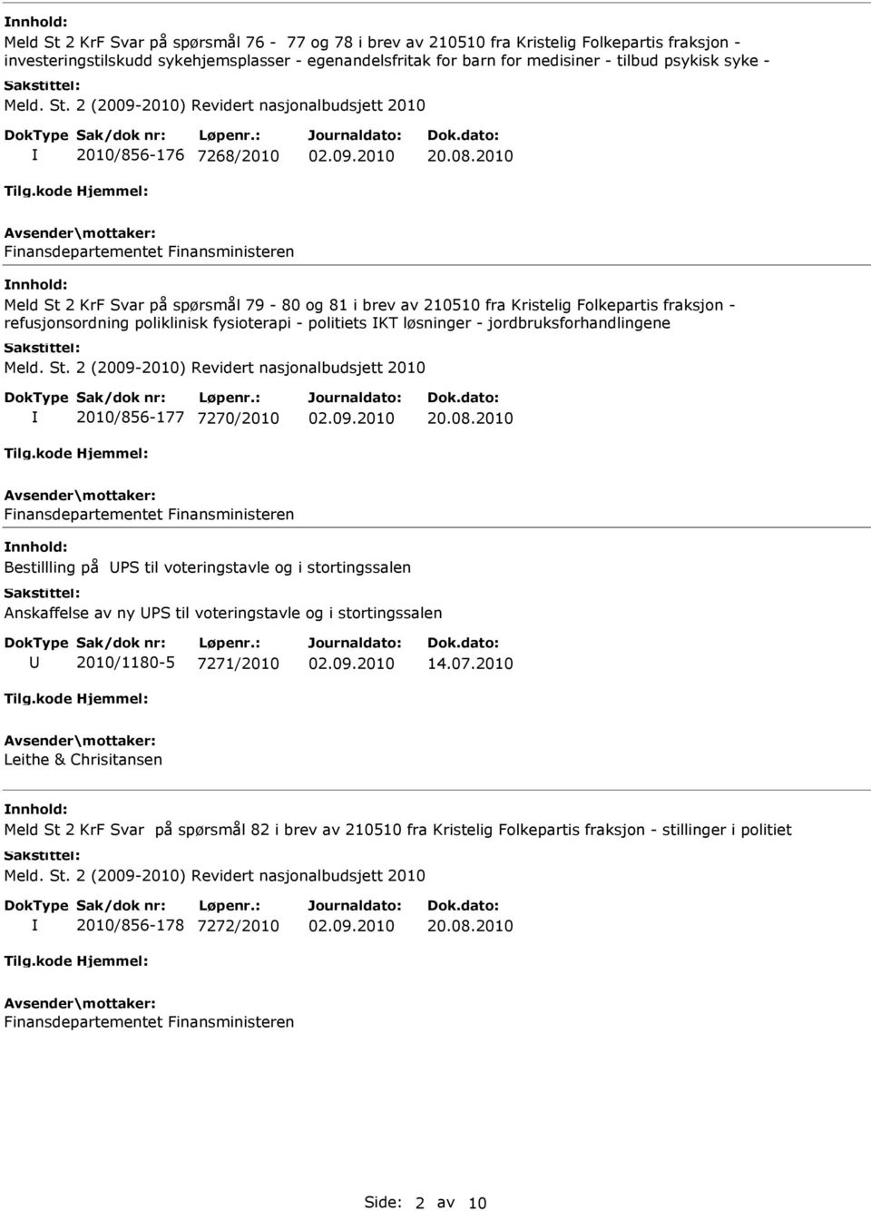 2010 nnhold: Meld St 2 KrF Svar på spørsmål 79-80 og 81 i brev av 210510 fra Kristelig Folkepartis fraksjon - refusjonsordning poliklinisk fysioterapi - politiets KT løsninger -