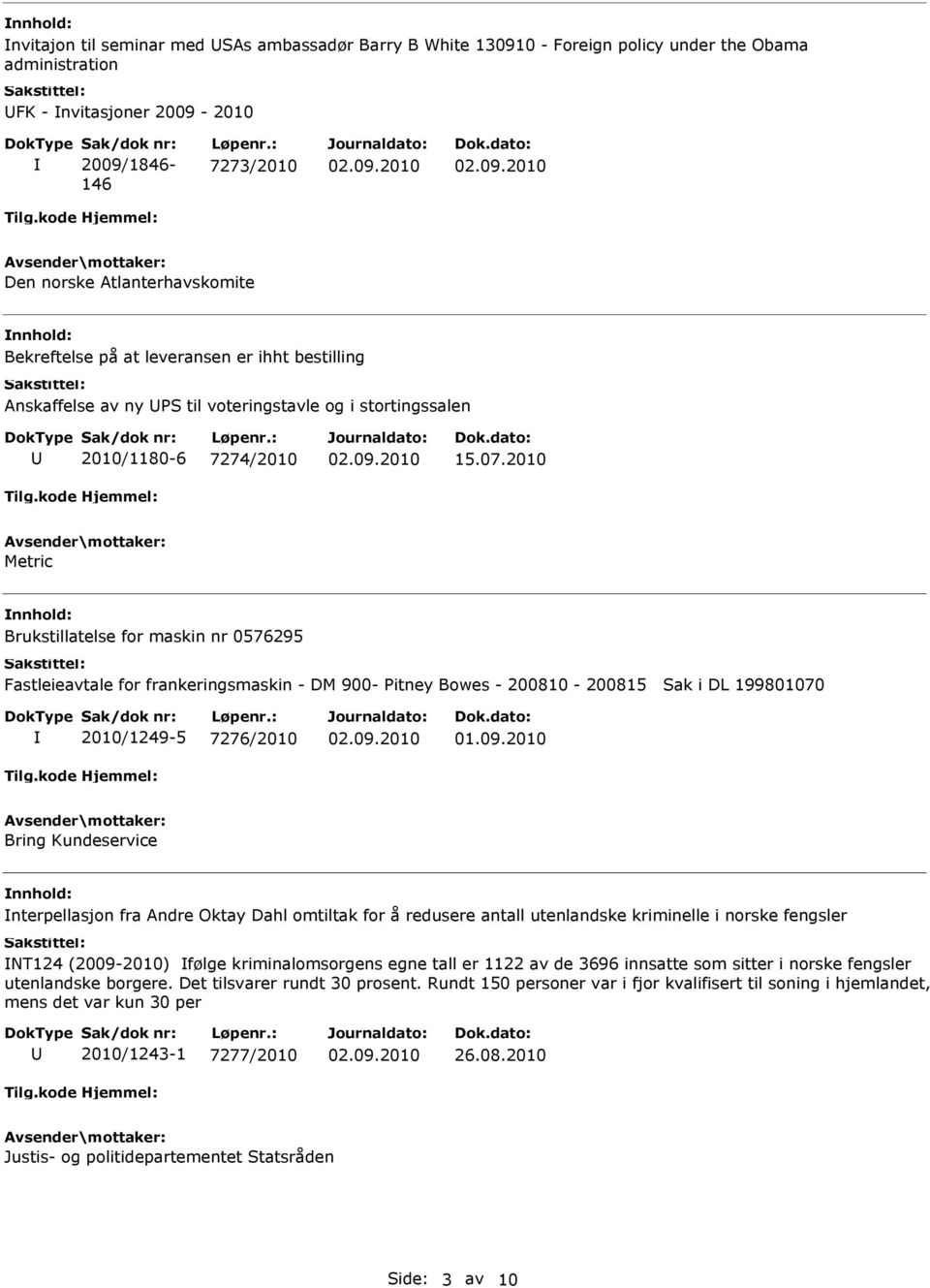 2010 Metric nnhold: Brukstillatelse for maskin nr 0576295 Fastleieavtale for frankeringsmaskin - DM 900- Pitney Bowes - 200810-200815 Sak i DL 199801070 2010/1249-5 7276/2010 01.09.