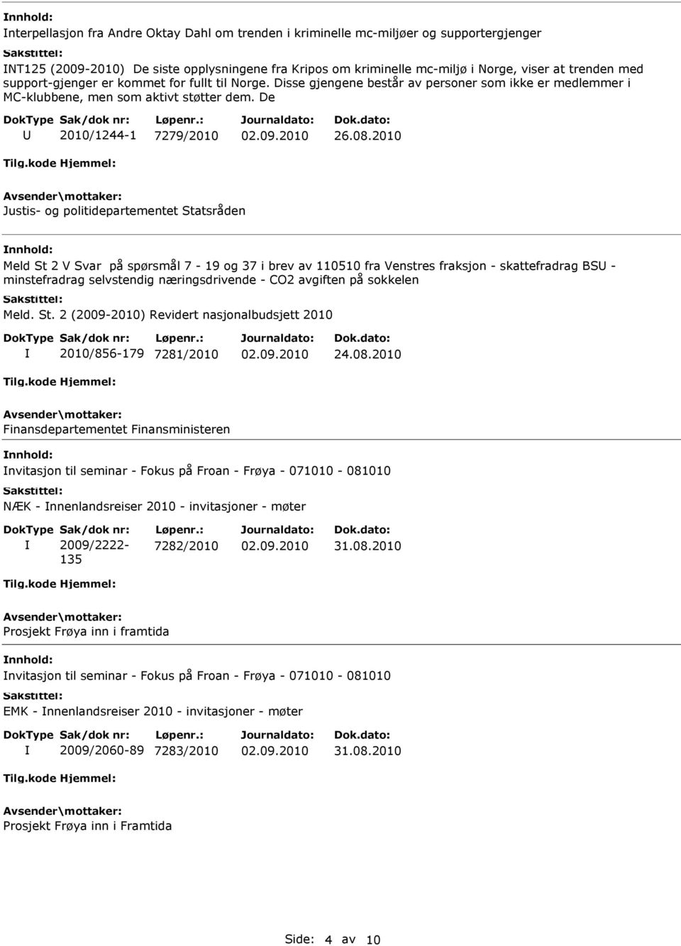 2010 Justis- og politidepartementet Statsråden nnhold: Meld St 2 V Svar på spørsmål 7-19 og 37 i brev av 110510 fra Venstres fraksjon - skattefradrag BS - minstefradrag selvstendig næringsdrivende -