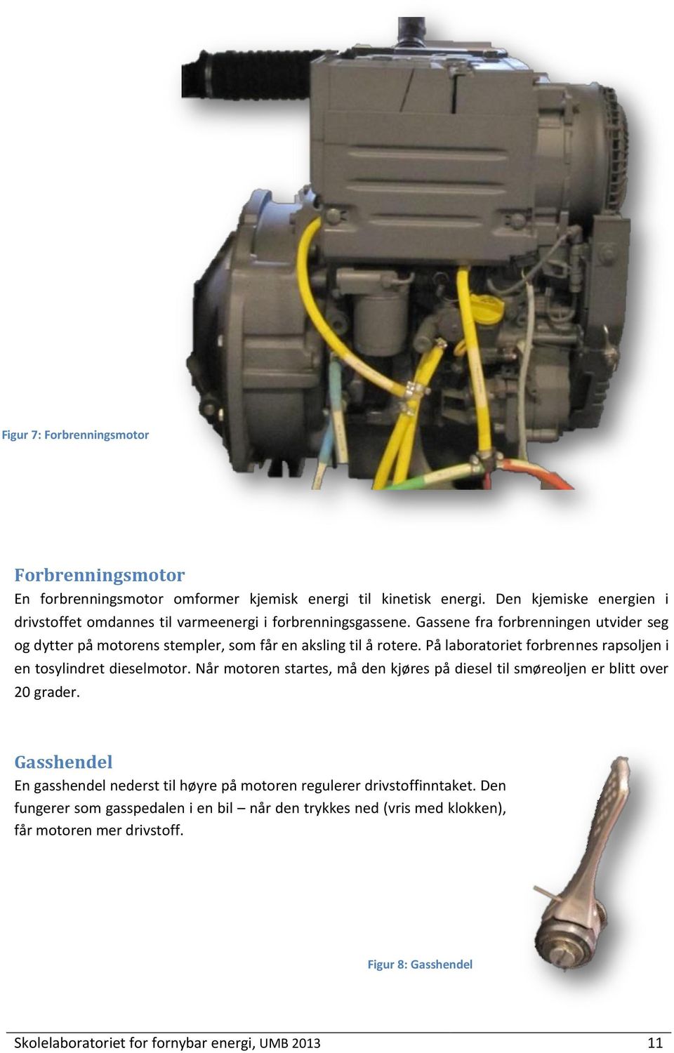 Gassene fra forbrenningen utvider seg og dytter på motorens stempler, som får en aksling til å rotere. På laboratoriet forbrennes rapsoljen i en tosylindret dieselmotor.