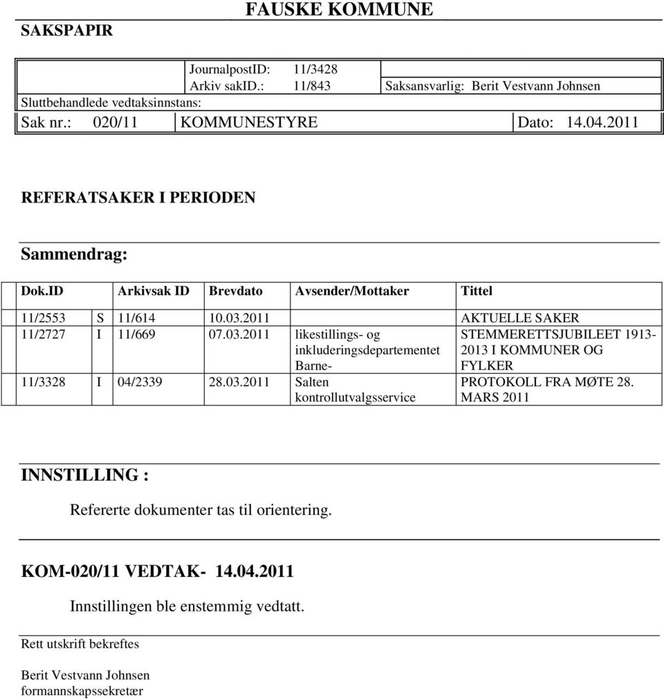 2011 AKTUELLE SAKER 11/2727 I 11/669 07.03.2011 likestillings- og inkluderingsdepartementet Barne- FYLKER 11/3328 I 04/2339 28.03.2011 Salten kontrollutvalgsservice STEMMERETTSJUBILEET 1913-2013 I KOMMUNER OG PROTOKOLL FRA MØTE 28.