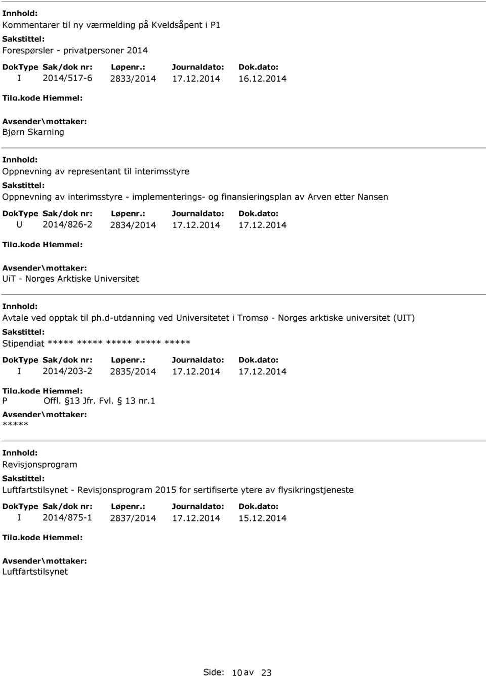 ph.d-utdanning ved niversitetet i Tromsø - Norges arktiske universitet (T) Stipendiat ***** ***** ***** ***** ***** P 2014/203-2 2835/2014 Offl. 13 Jfr. Fvl. 13 nr.