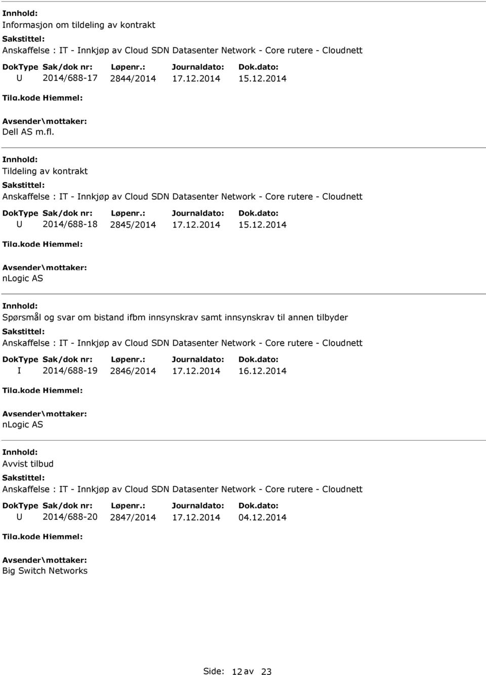 bistand ifbm innsynskrav samt innsynskrav til annen tilbyder Anskaffelse : T - nnkjøp av Cloud SDN Datasenter Network - Core rutere - Cloudnett 2014/688-19