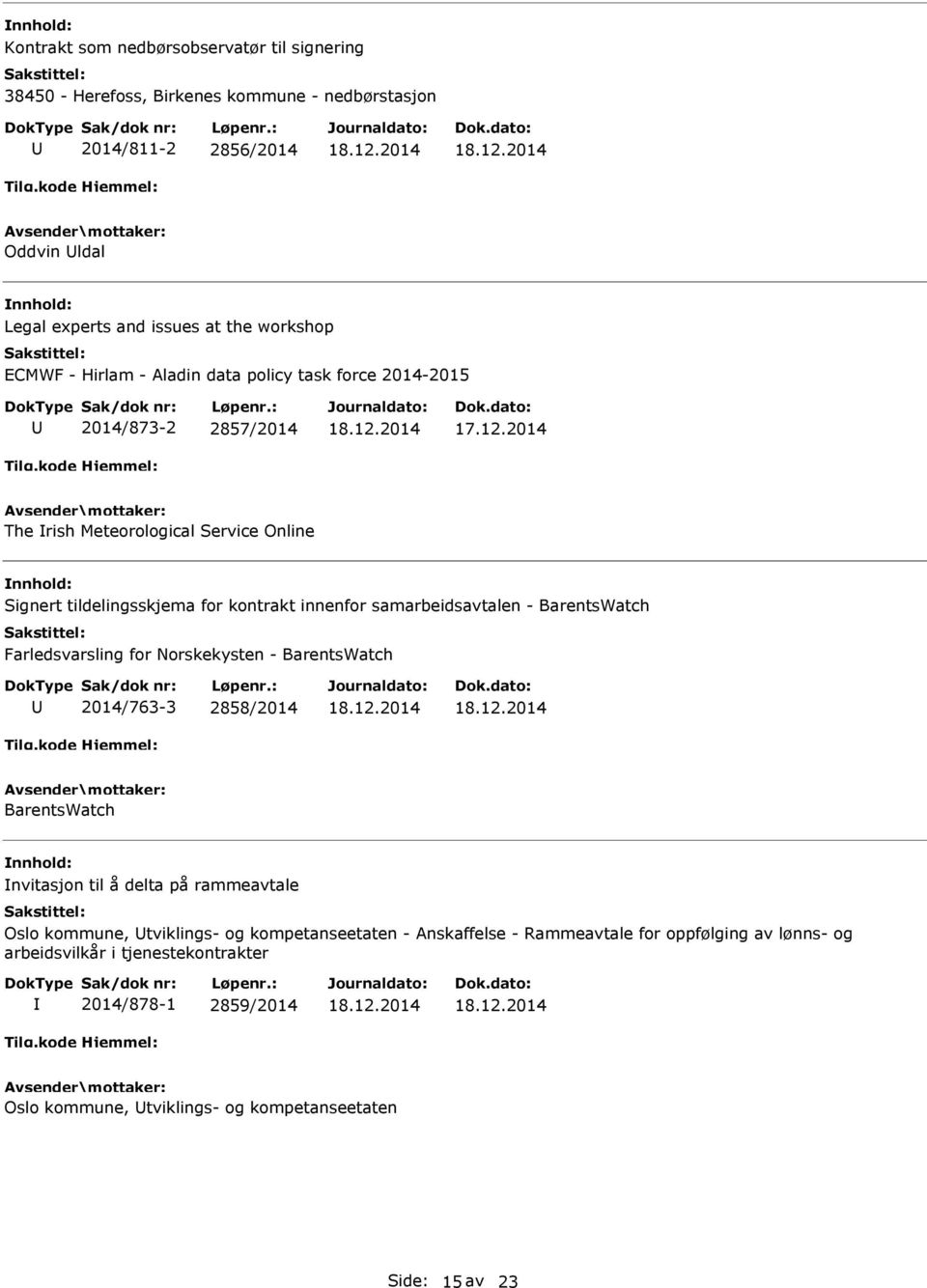 - BarentsWatch Farledsvarsling for Norskekysten - BarentsWatch 2014/763-3 2858/2014 BarentsWatch nvitasjon til å delta på rammeavtale Oslo kommune, tviklings- og