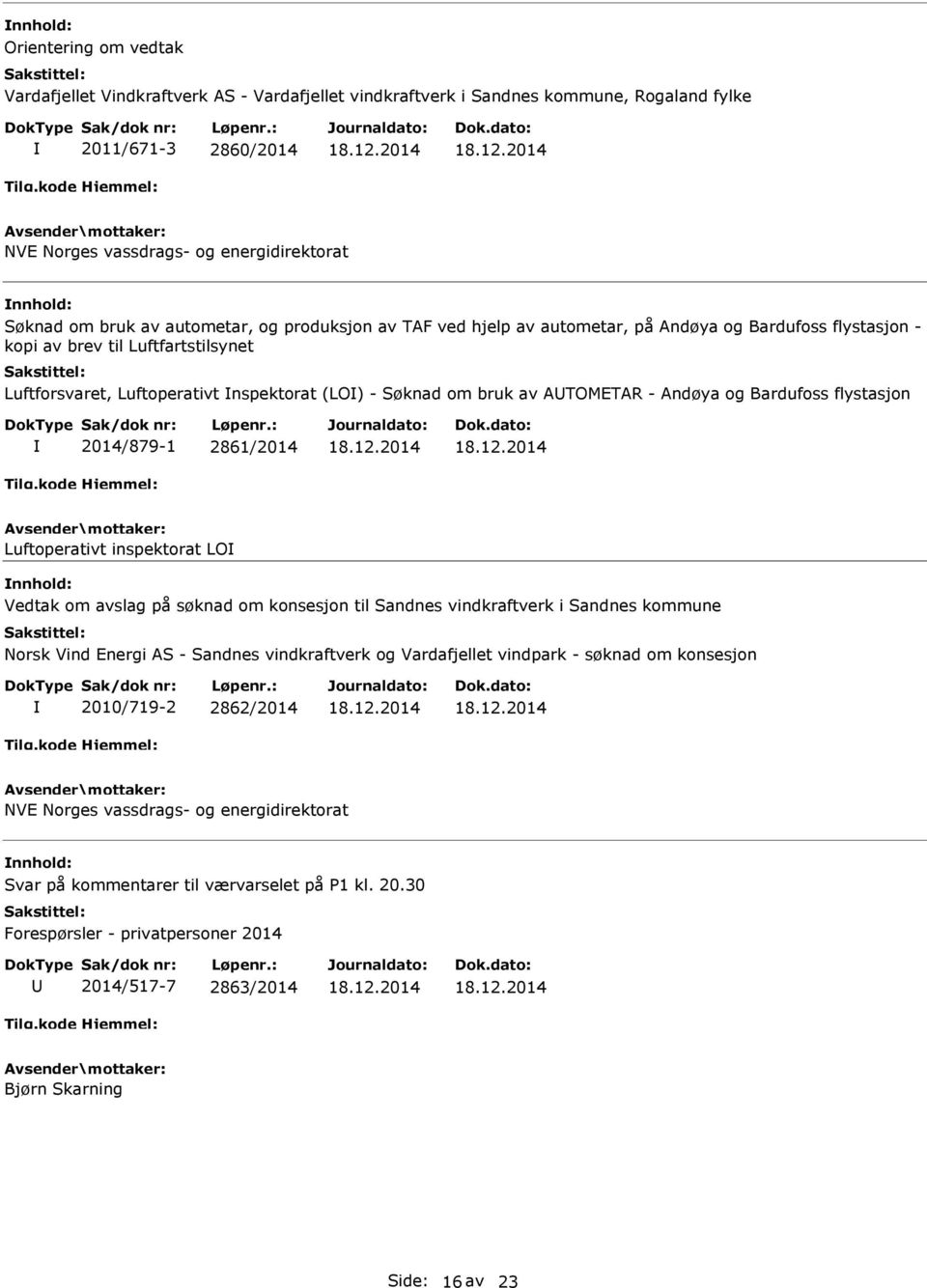 ATOMETAR - Andøya og Bardufoss flystasjon 2014/879-1 2861/2014 Luftoperativt inspektorat LO Vedtak om avslag på søknad om konsesjon til Sandnes vindkraftverk i Sandnes kommune Norsk Vind Energi AS -