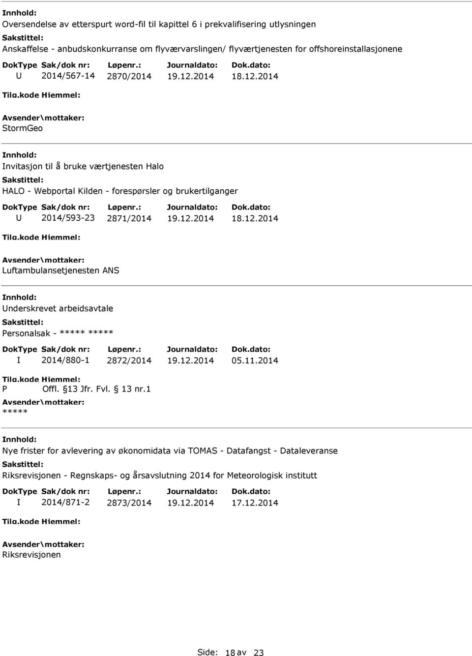 2871/2014 Luftambulansetjenesten ANS nderskrevet arbeidsavtale Personalsak - ***** ***** P 2014/880-1 2872/2014 Offl. 13 Jfr. Fvl. 13 nr.1 ***** 05.11.