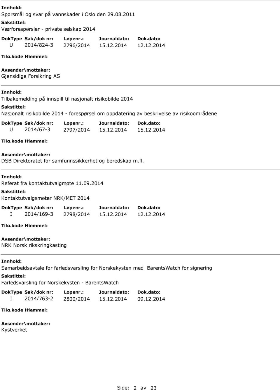 risikoområdene 2014/67-3 2797/2014 DSB Direktoratet for samfunnssikkerhet og beredskap m.fl. Referat fra kontaktutvalgmøte 11.09.