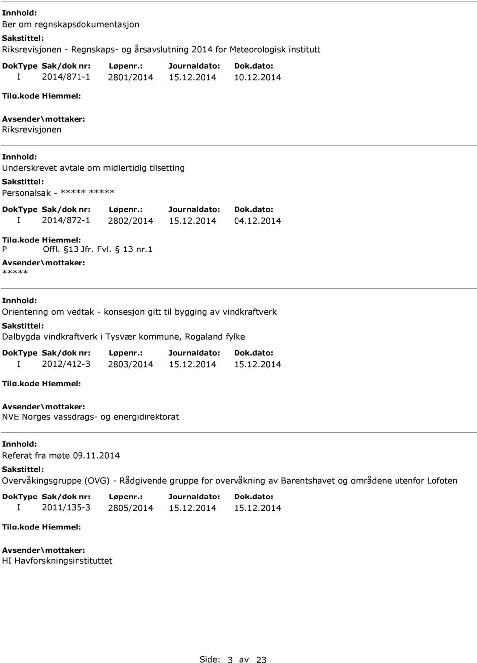 2014 Orientering om vedtak - konsesjon gitt til bygging av vindkraftverk Dalbygda vindkraftverk i Tysvær kommune, Rogaland fylke 2012/412-3 2803/2014 NVE Norges