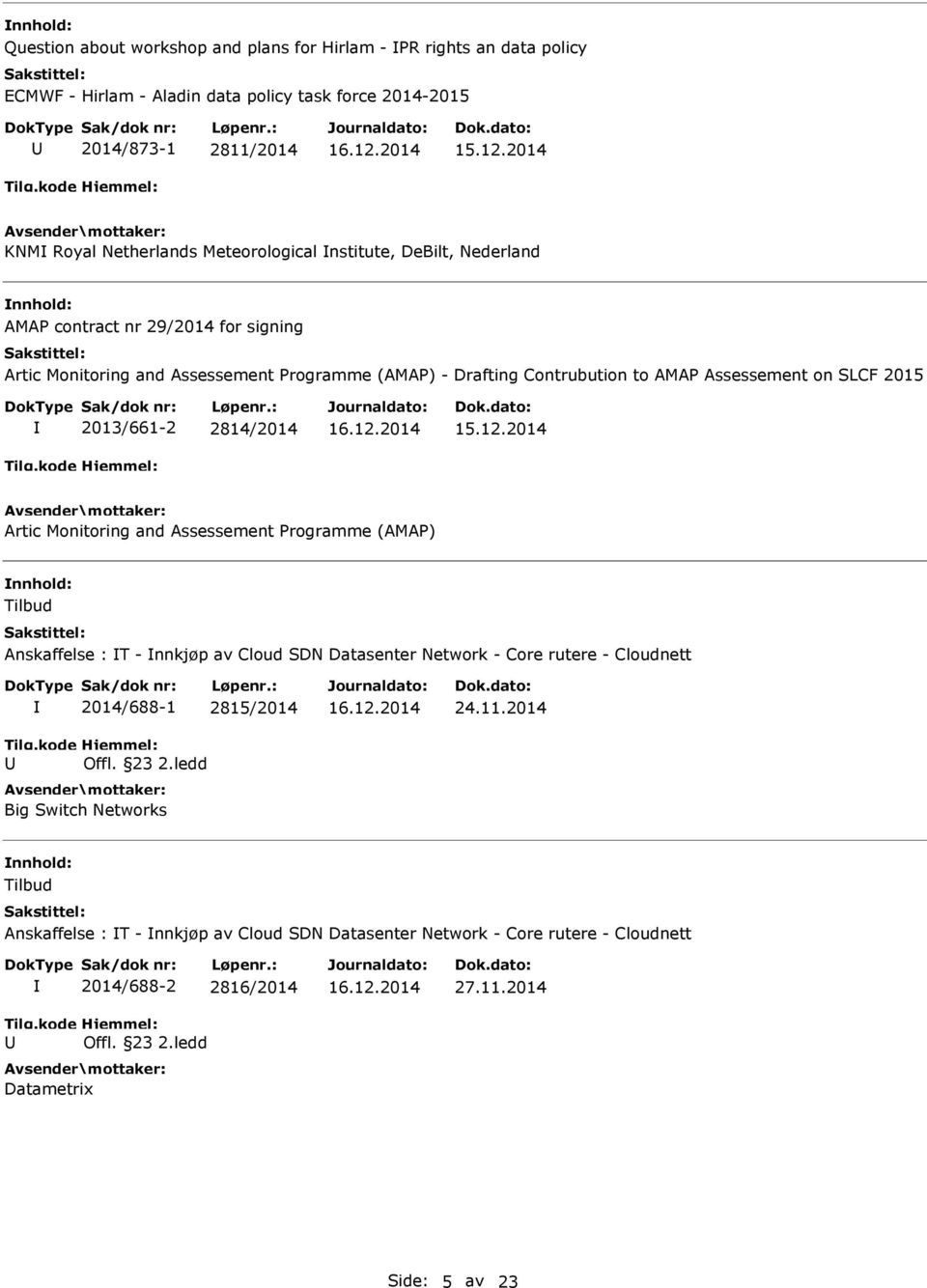 on SLCF 2015 2013/661-2 2814/2014 Artic Monitoring and Assessement Programme (AMAP) Anskaffelse : T - nnkjøp av Cloud SDN Datasenter Network - Core rutere - Cloudnett