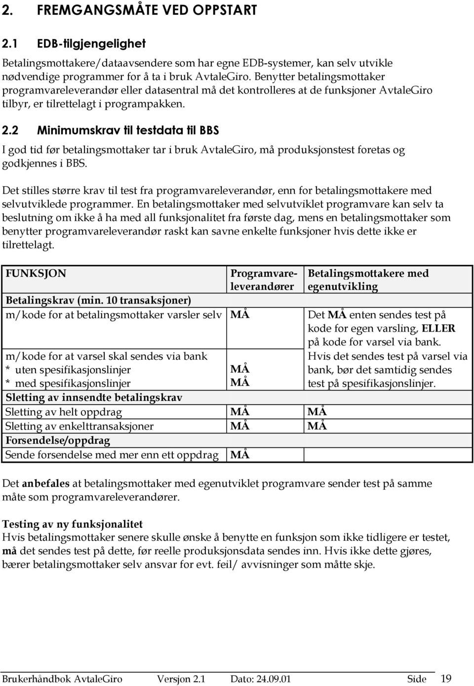 2 Minimumskrav til testdata til BBS I god tid før betalingsmottaker tar i bruk AvtaleGiro, må produksjonstest foretas og godkjennes i BBS.