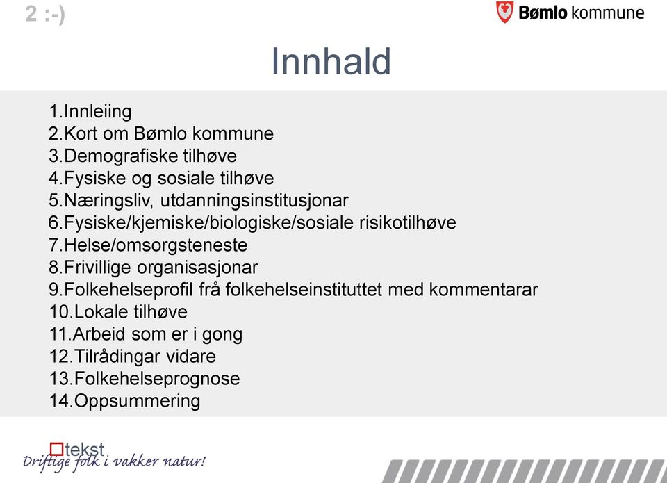 Fysiske/kjemiske/biologiske/sosiale risikotilhøve 7.Helse/omsorgsteneste 8.Frivillige organisasjonar 9.