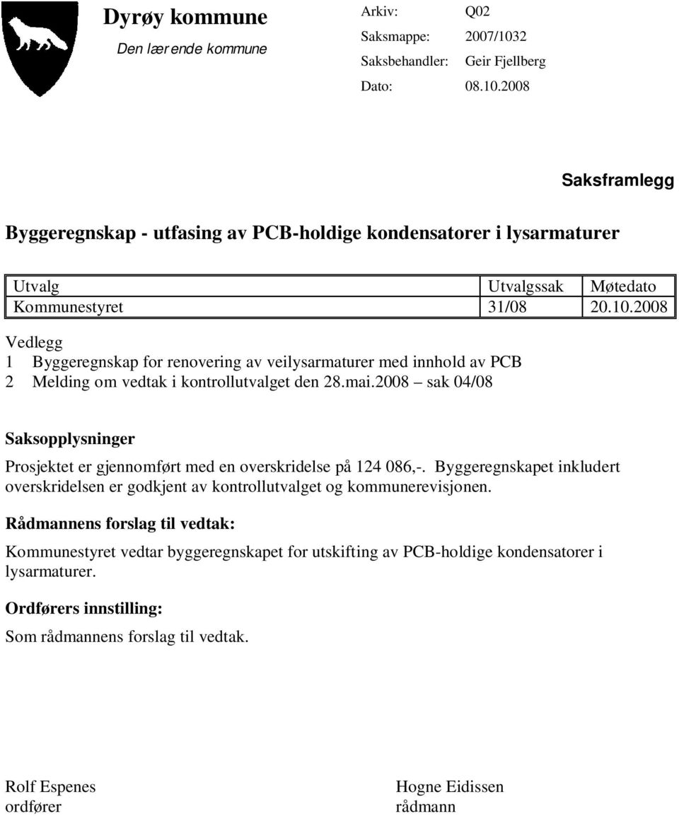 mai.2008 sak 04/08 Saksopplysninger Prosjektet er gjennomført med en overskridelse på 124 086,-. Byggeregnskapet inkludert overskridelsen er godkjent av kontrollutvalget og kommunerevisjonen.