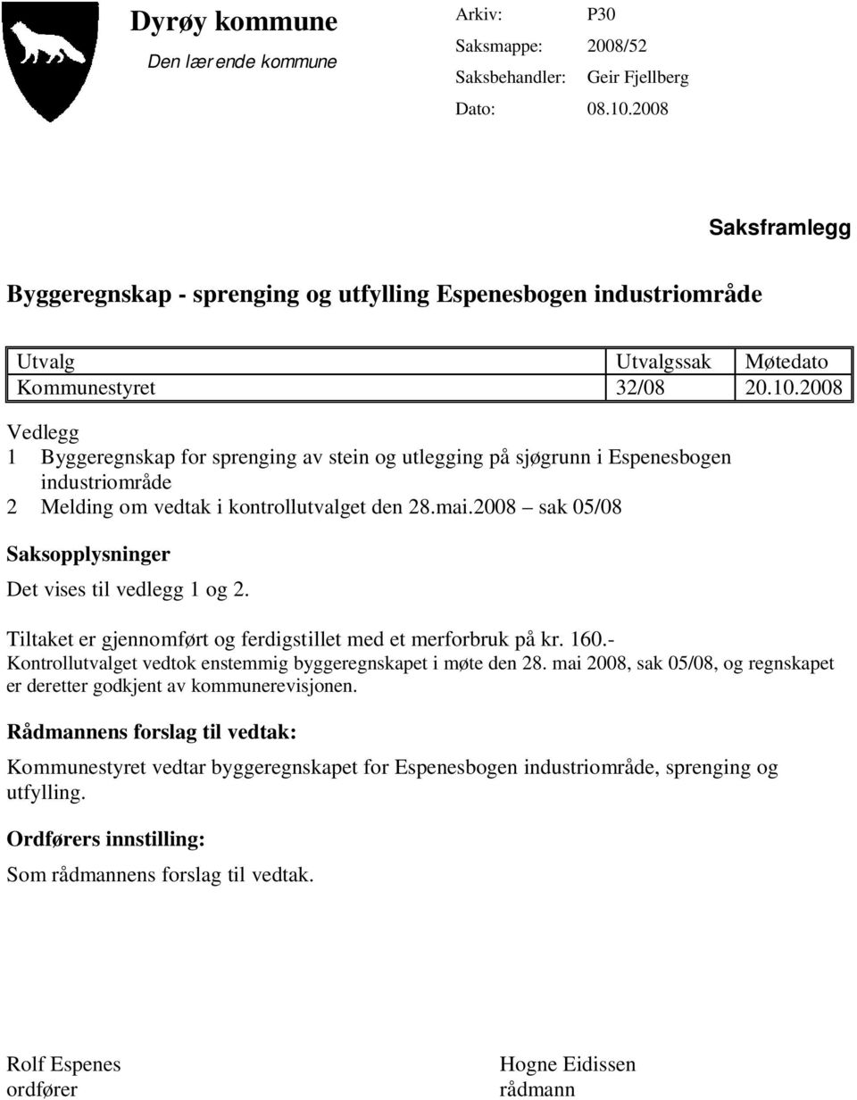 2008 Vedlegg 1 Byggeregnskap for sprenging av stein og utlegging på sjøgrunn i Espenesbogen industriområde 2 Melding om vedtak i kontrollutvalget den 28.mai.