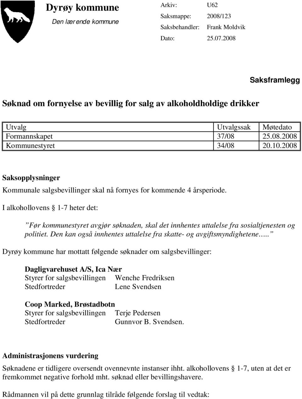 2008 Saksopplysninger Kommunale salgsbevillinger skal nå fornyes for kommende 4 årsperiode.