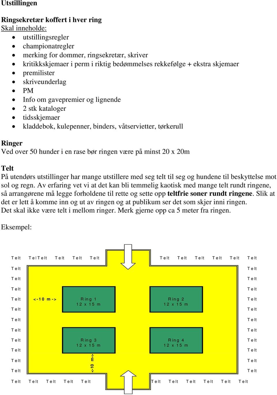 bør ringen være på minst 20 x 20m På utendørs utstillinger har mange utstillere med seg telt til seg og hundene til beskyttelse mot sol og regn.