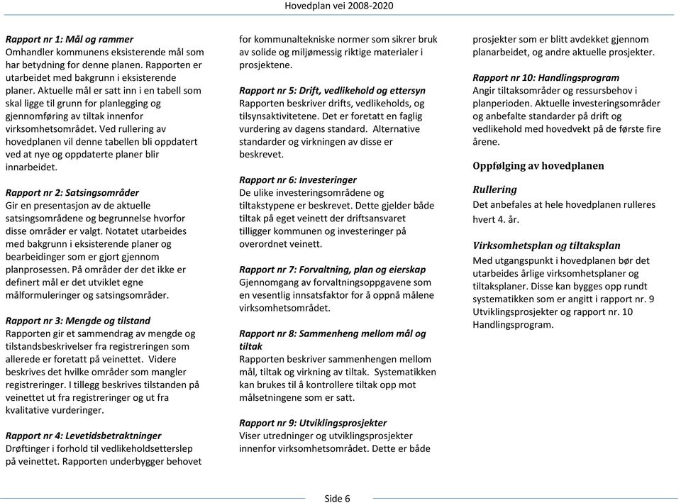 Ved rullering av hovedplanen vil denne tabellen bli oppdatert ved at nye og oppdaterte planer blir innarbeidet.