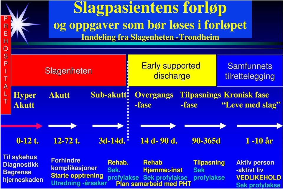 12-72 t. 3d-14d. 14 d-d 90 d. 90-365d 1-10 år Til sykehus Diagnostikk Begrense hjerneskaden Forhindre Rehab. Rehab komplikasjoner Sek.