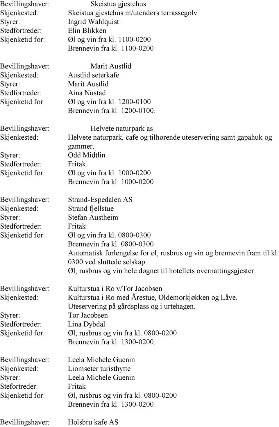 Odd Midtlin Fritak. Skjenketid for: Øl og vin fra kl. 1000-0200 Brennevin fra kl. 1000-0200 Strand-Espedalen AS Strand fjellstue Stefan Austheim Fritak Skjenketid for: Øl og vin fra kl.