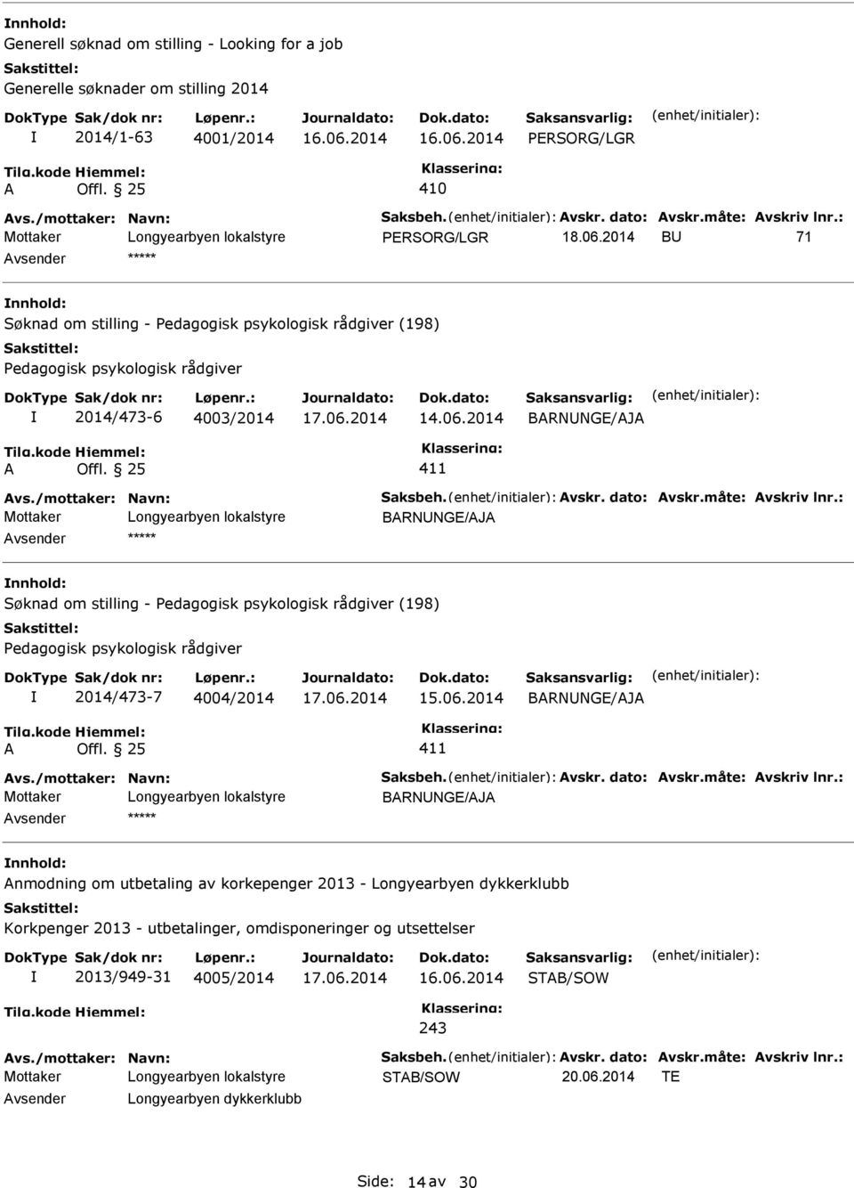 måte: vskriv lnr.: BRNNGE/J Søknad om stilling - Pedagogisk psykologisk rådgiver (198) Pedagogisk psykologisk rådgiver 2014/473-7 4004/2014 15.06.2014 BRNNGE/J 411 vs./mottaker: Navn: Saksbeh. vskr. dato: vskr.