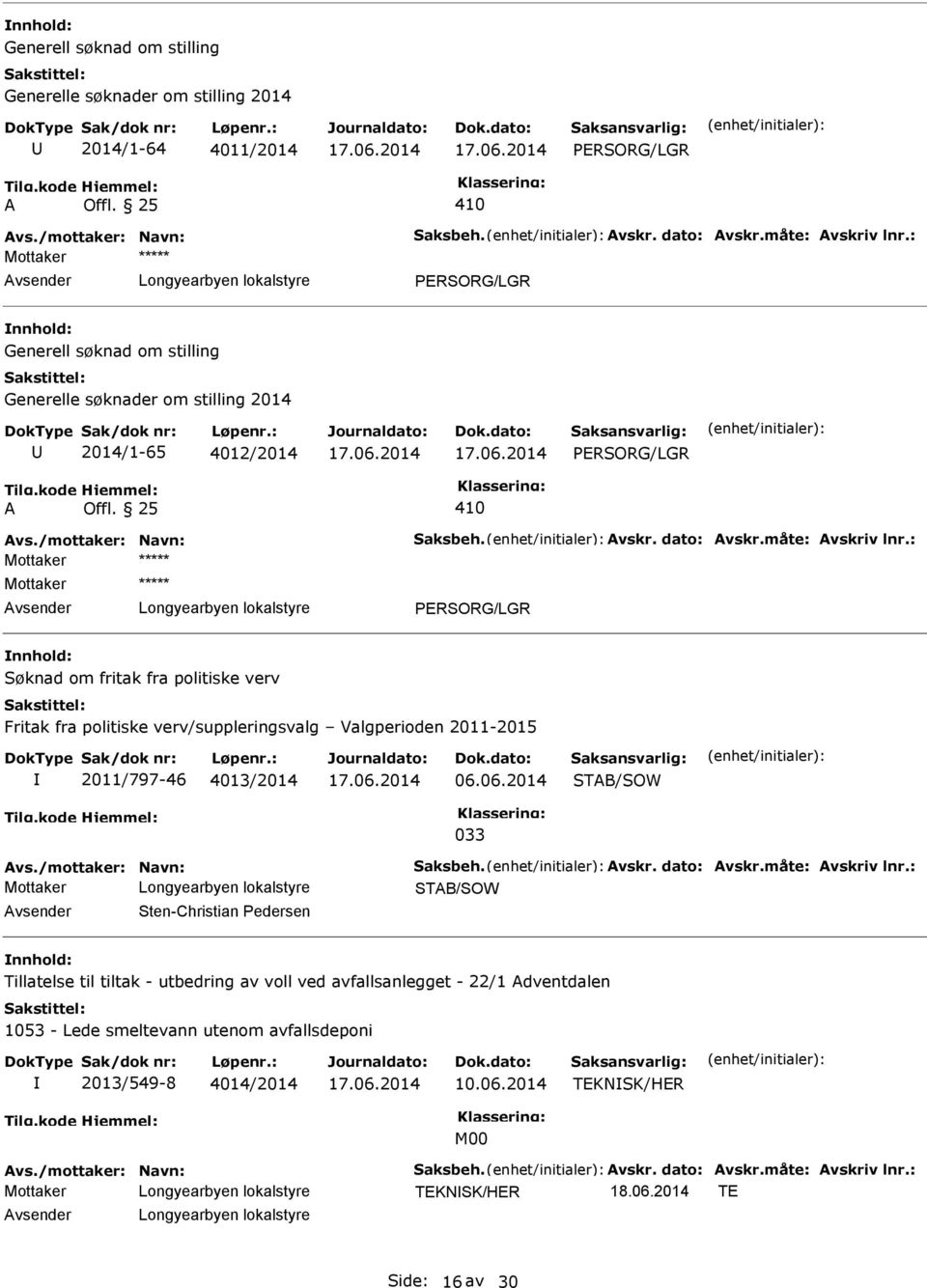 : Mottaker Mottaker Søknad om fritak fra politiske verv Fritak fra politiske verv/suppleringsvalg Valgperioden 2011-2015 2011/797-46 4013/2014 06.06.2014 STB/SOW 033 vs./mottaker: Navn: Saksbeh. vskr.