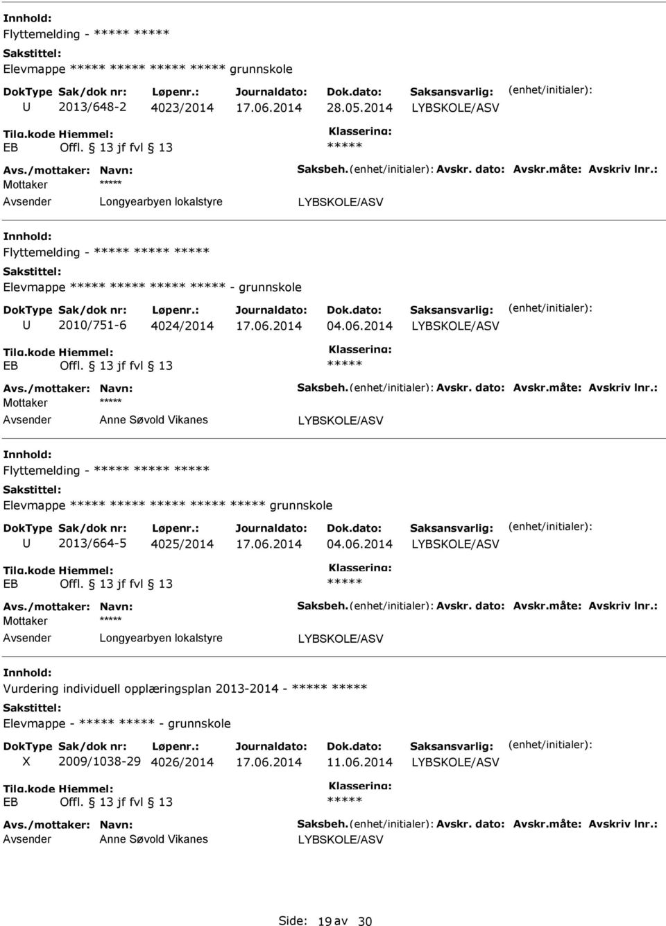 : Mottaker nne Søvold Vikanes Flyttemelding - Elevmappe grunnskole 2013/664-5 4025/2014 04.06.2014 vs./mottaker: Navn: Saksbeh. vskr. dato: vskr.måte: vskriv lnr.