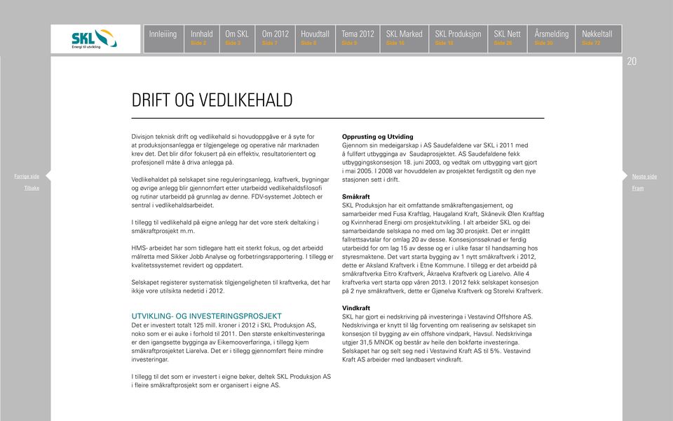 Vedlikehaldet på selskapet sine reguleringsanlegg, kraftverk, bygningar og øvrige anlegg blir gjennomført etter utarbeidd vedlikehaldsfilosofi og rutinar utarbeidd på grunnlag av denne.