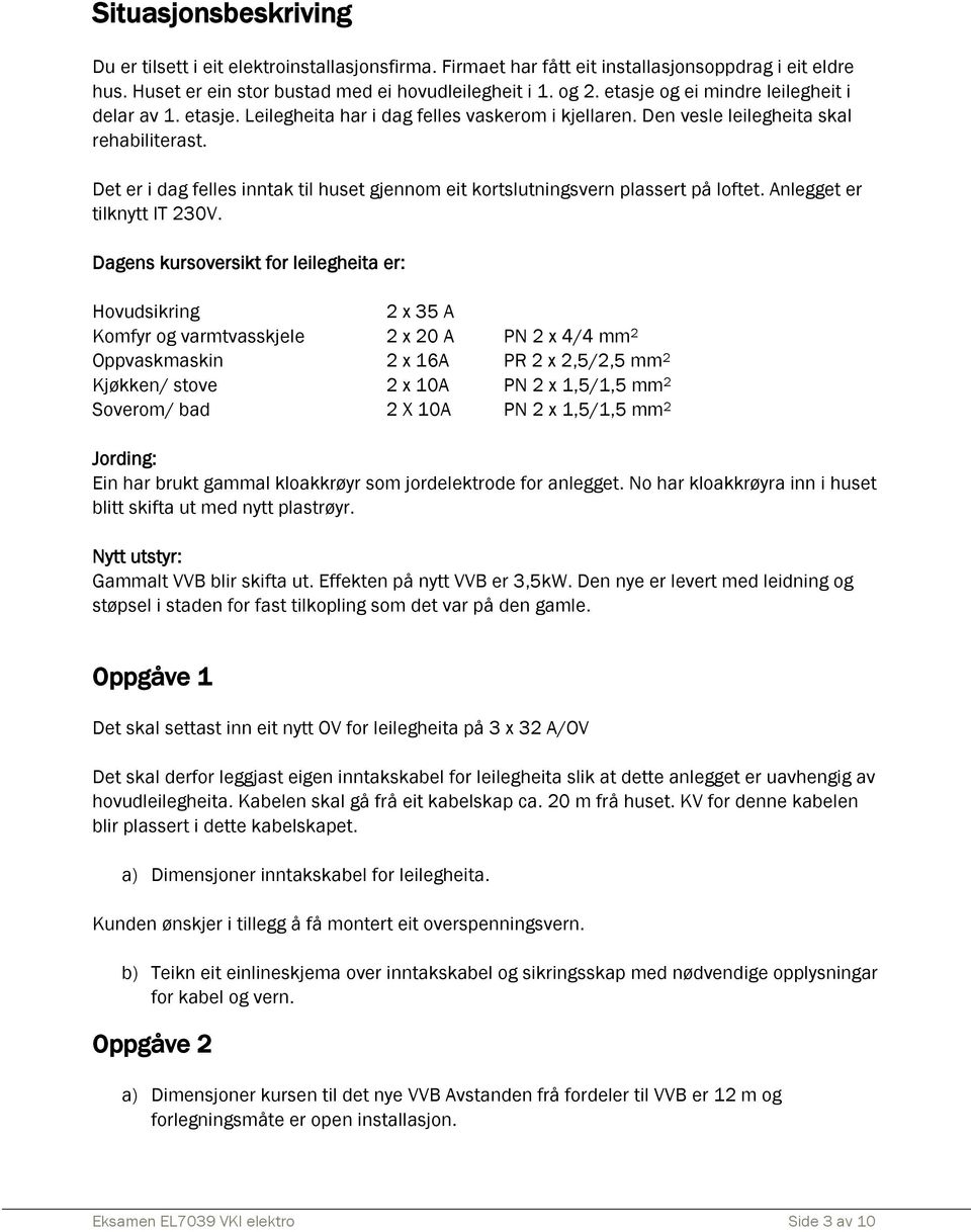 Det er i dag felles inntak til huset gjennom eit kortslutningsvern plassert på loftet. Anlegget er tilknytt IT 230V.