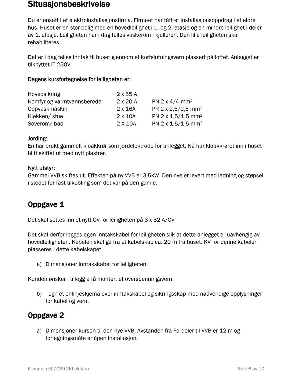 Det er i dag felles inntak til huset gjennom et kortslutningsvern plassert på loftet. Anlegget er tilknyttet IT 230V.