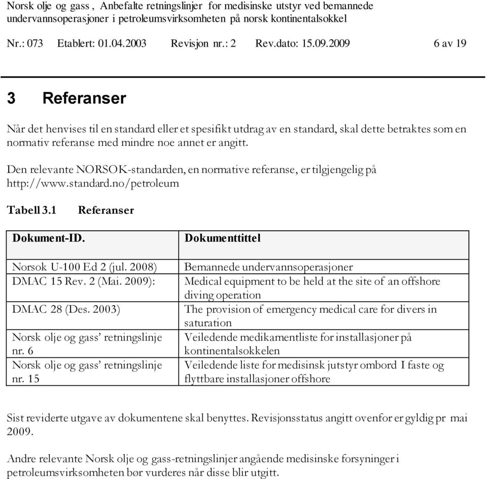 Den relevante NORSOK-standarden, en normative referanse, er tilgjengelig på http://www.standard.no/petroleum Tabell 3.1 Referanser Dokument-ID. Norsok U-100 Ed 2 (jul. 2008) DMAC 15 Rev. 2 (Mai.