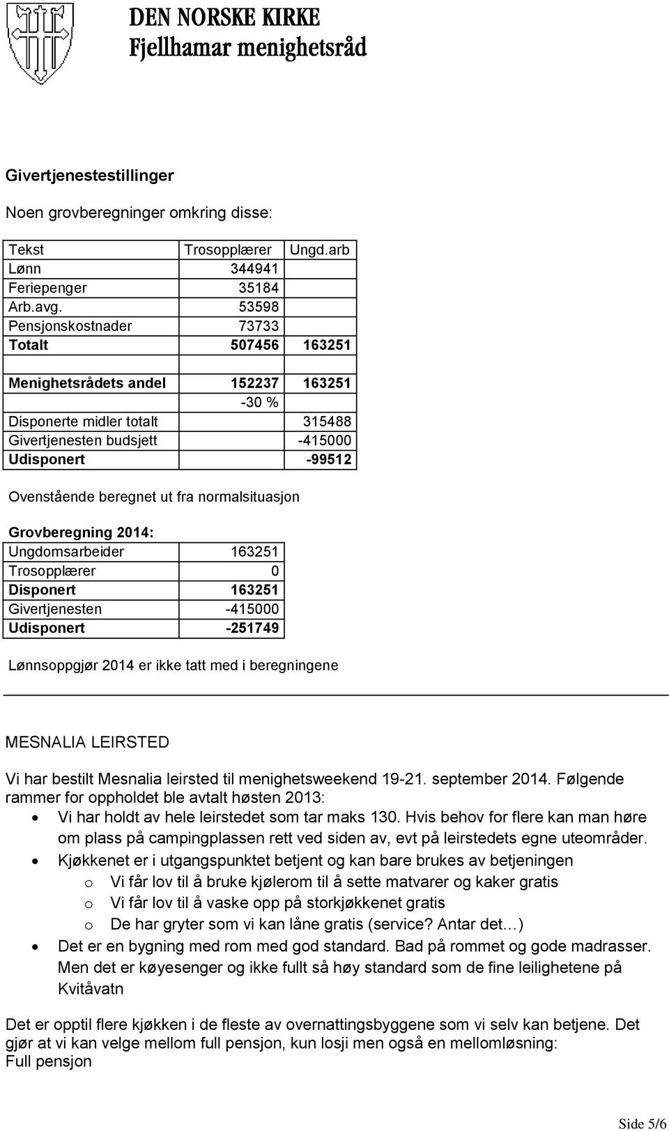 fra normalsituasjon Grovberegning 2014: Ungdomsarbeider 163251 Trosopplærer 0 Disponert 163251 Givertjenesten -415000 Udisponert -251749 Lønnsoppgjør 2014 er ikke tatt med i beregningene MESNALIA