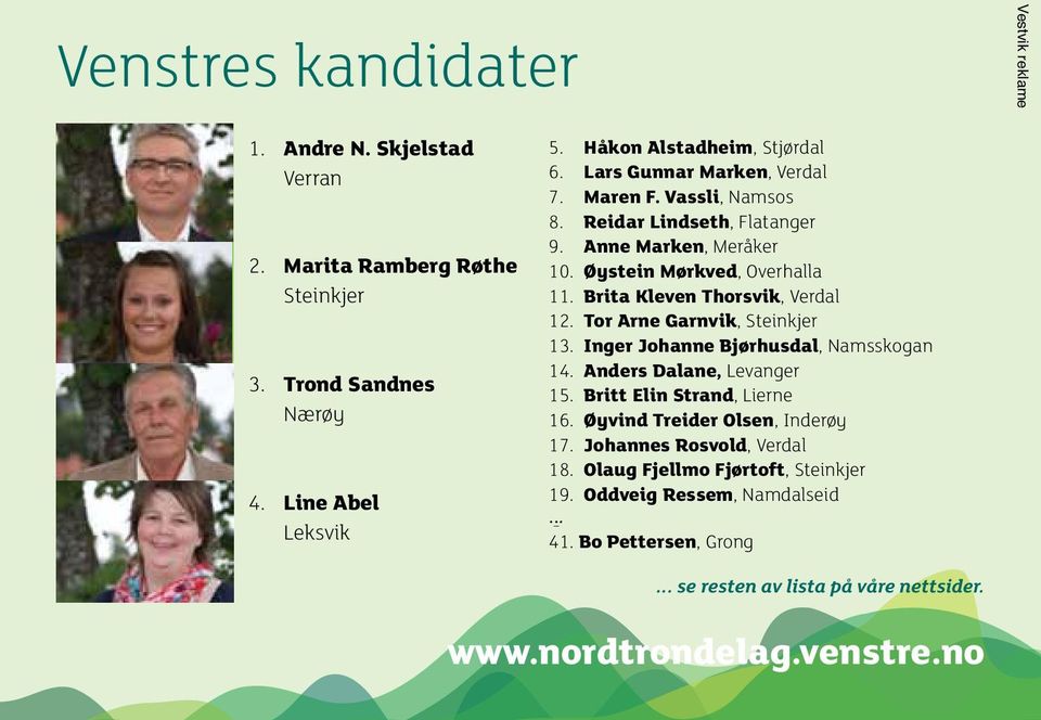 Tor Arne Garnvik, Steinkjer 13. Inger Johanne Bjørhusdal, Namsskogan 14. Anders Dalane, Levanger 15. Britt Elin Strand, Lierne 16. Øyvind Treider Olsen, Inderøy 17.