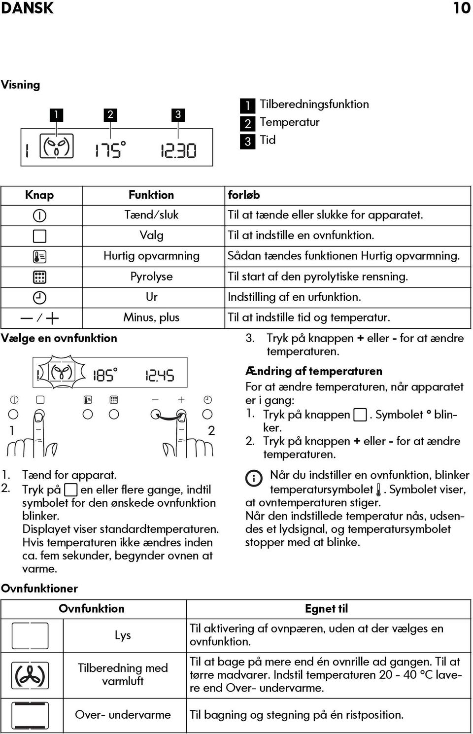 Vælge en ovnfunktion 1 2 1. Tænd for apparat. 2. Tryk på en eller flere gange, indtil symbolet for den ønskede ovnfunktion blinker. Displayet viser standardtemperaturen.