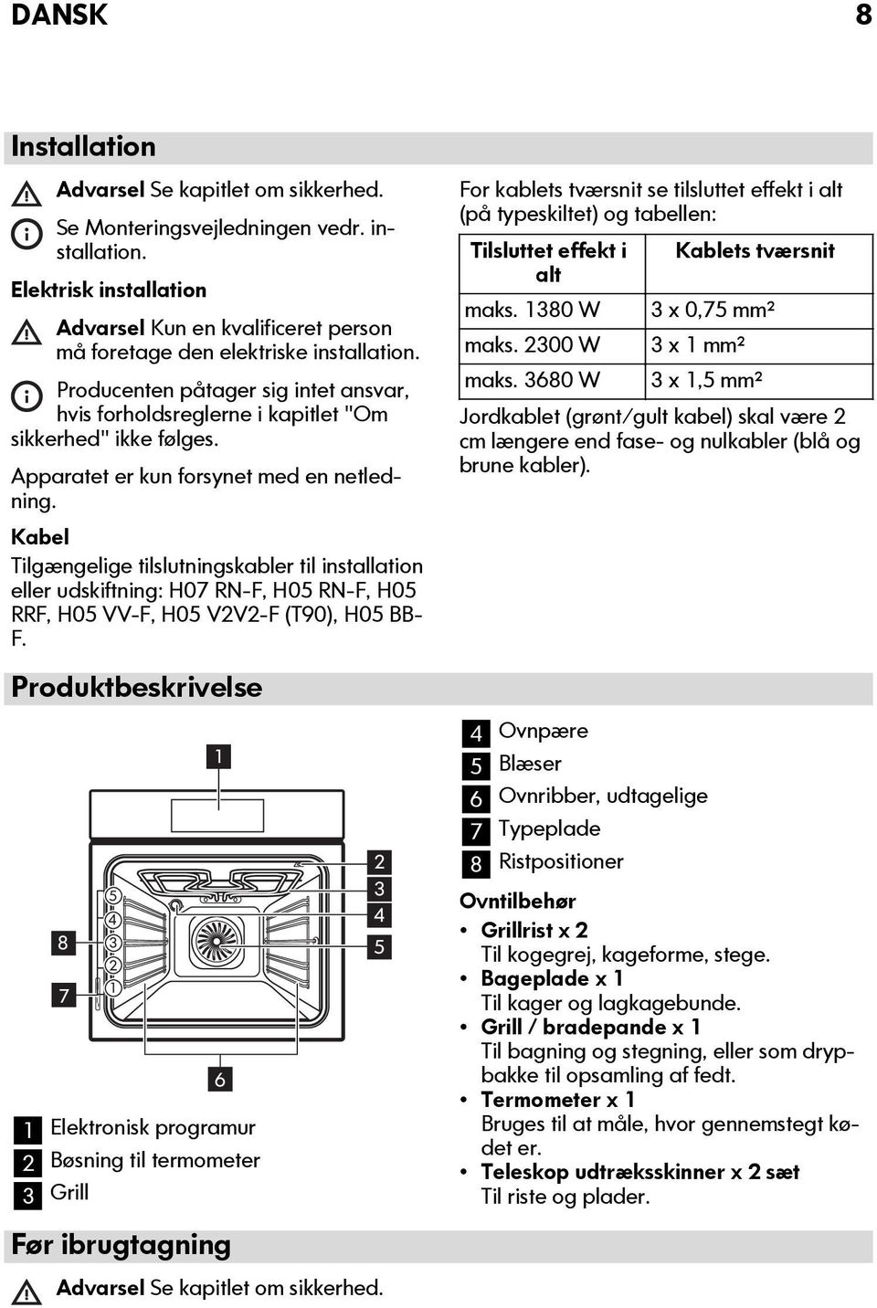 Apparatet er kun forsynet med en netledning. Kabel Tilgængelige tilslutningskabler til installation eller udskiftning: H07 RN-F, H05 RN-F, H05 RRF, H05 VV-F, H05 V2V2-F (T90), H05 BB- F.