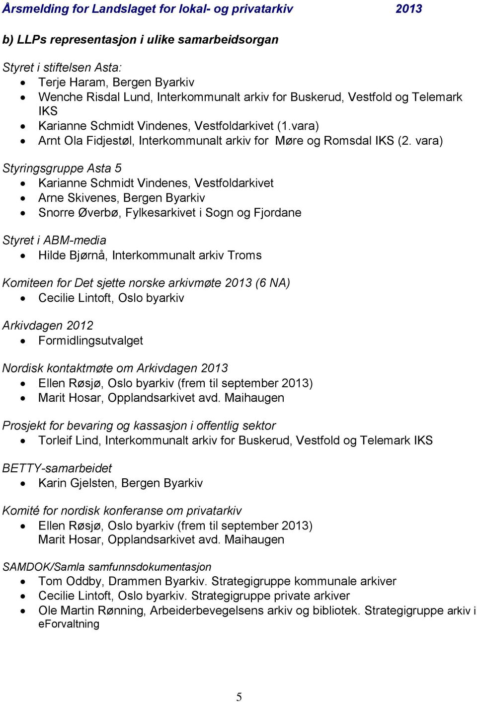 vara) Styringsgruppe Asta 5 Karianne Schmidt Vindenes, Vestfoldarkivet Arne Skivenes, Bergen Byarkiv Snorre Øverbø, Fylkesarkivet i Sogn og Fjordane Styret i ABM-media Hilde Bjørnå, Interkommunalt