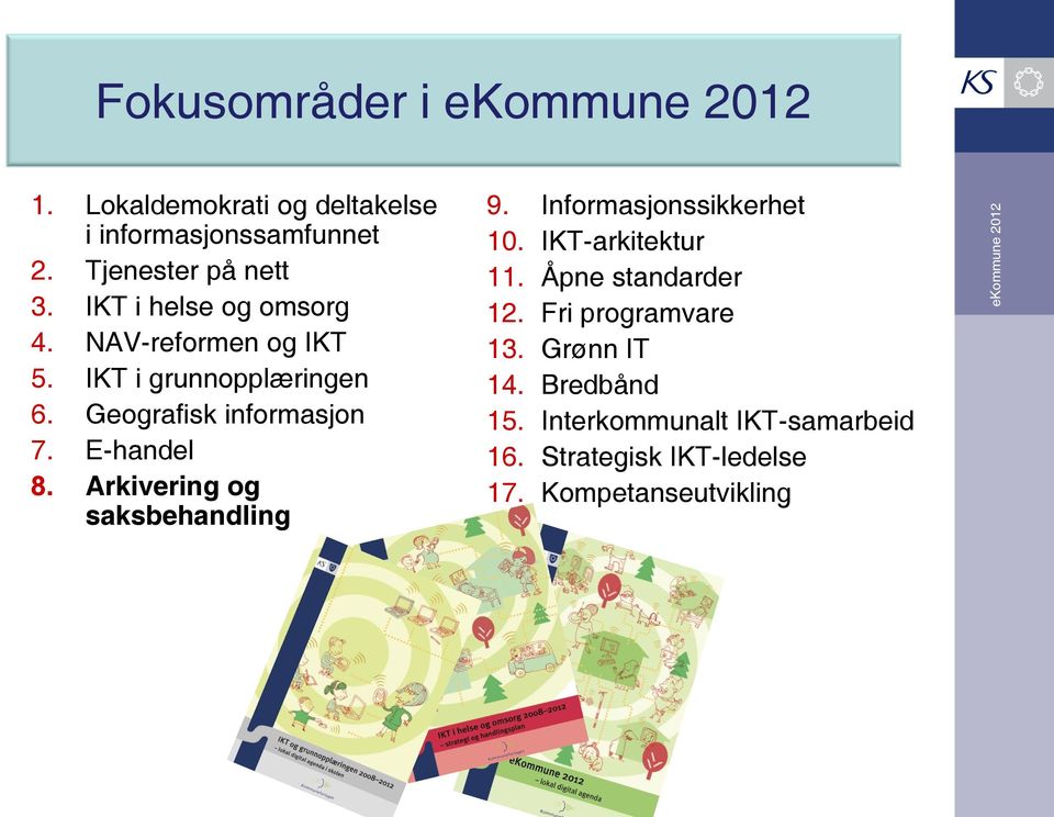 Geografisk informasjon 7. E-handel 8. Arkivering og saksbehandling 9. Informasjonssikkerhet 10. IKT-arkitektur 11.