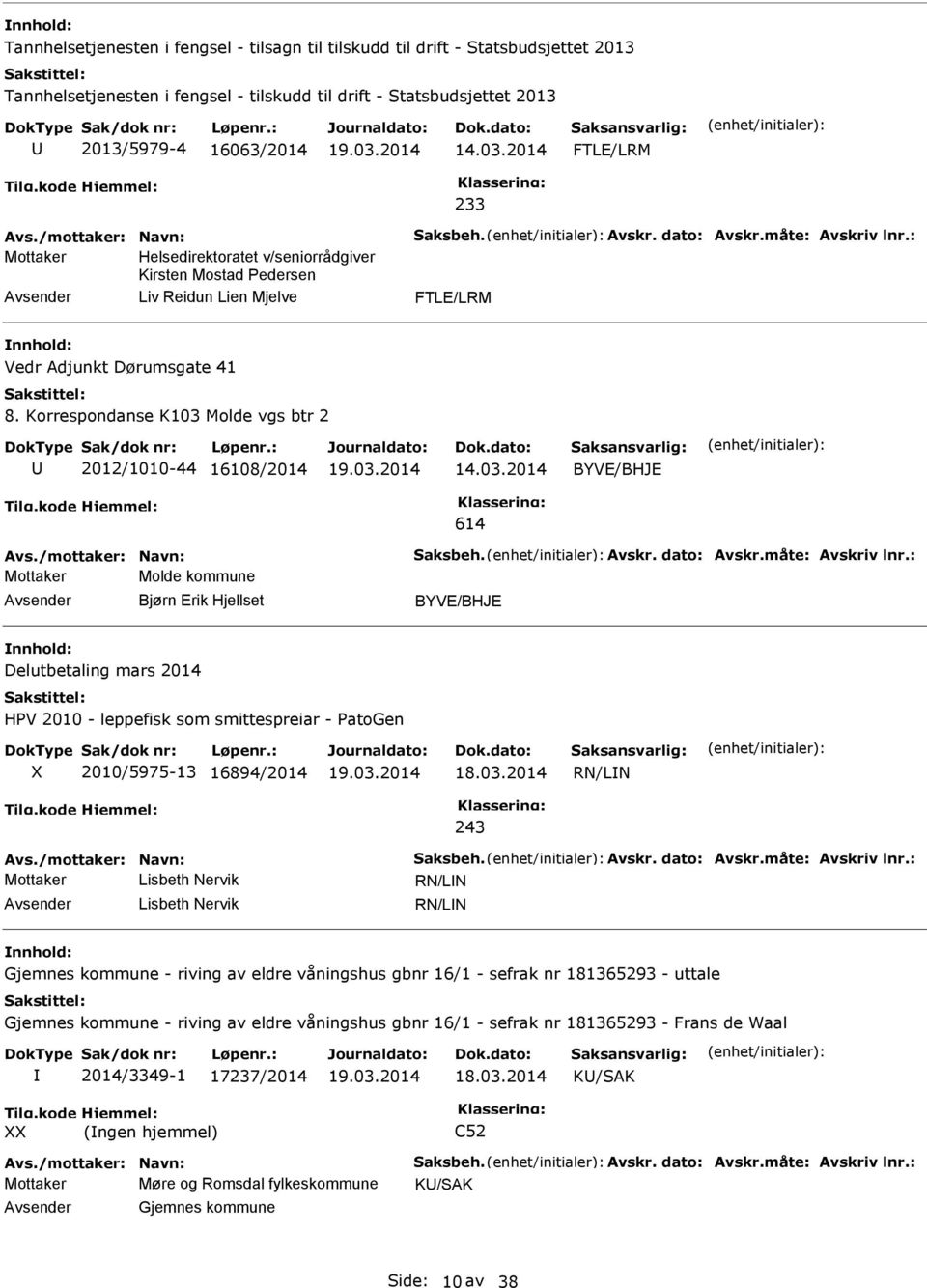 : Mottaker Helsedirektoratet v/seniorrådgiver Kirsten Mostad Pedersen Liv Reidun Lien Mjelve FTLE/LRM Vedr Adjunkt Dørumsgate 41 8. Korrespondanse K103 Molde vgs btr 2 2012/1010-44 16108/2014 14.03.2014 BYVE/BHJE 614 Avs.