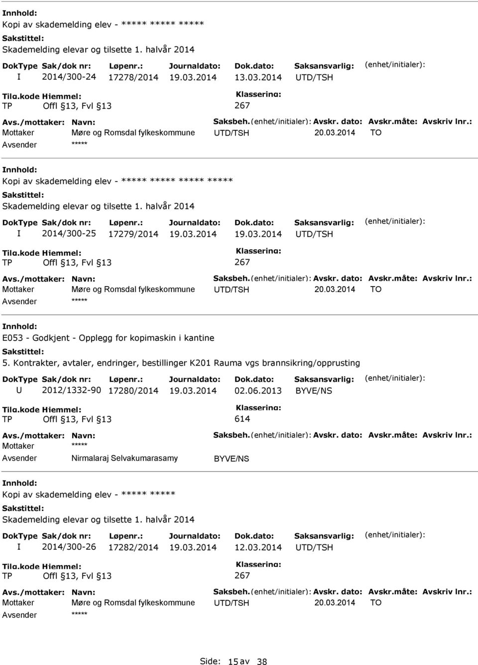 Avskr. dato: Avskr.måte: Avskriv lnr.: Mottaker Møre og Romsdal fylkeskommune TD/TSH 20.03.2014 TO E053 - Godkjent - Opplegg for kopimaskin i kantine 5.