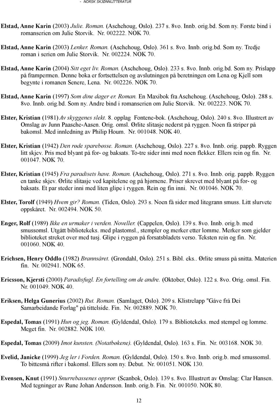 Roman. (Aschehoug, Oslo). 233 s. 8vo. Innb. orig.bd. Som ny. Prislapp på frampermen. Denne boka er fortsettelsen og avslutningen på beretningen om Lena og Kjell som begynte i romanen Senere, Lena. Nr.