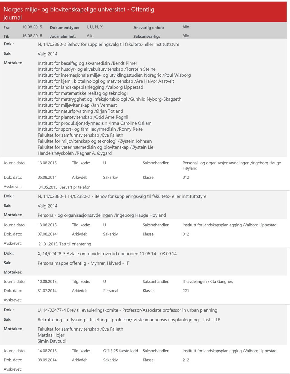 akvakulturvitenskap /Torstein Steine Institutt for internasjonale miljø- og utviklingsstudier, Noragric /Poul Wisborg Institutt for kjemi, bioteknologi og matvitenskap /Are Halvor Aastveit Institutt